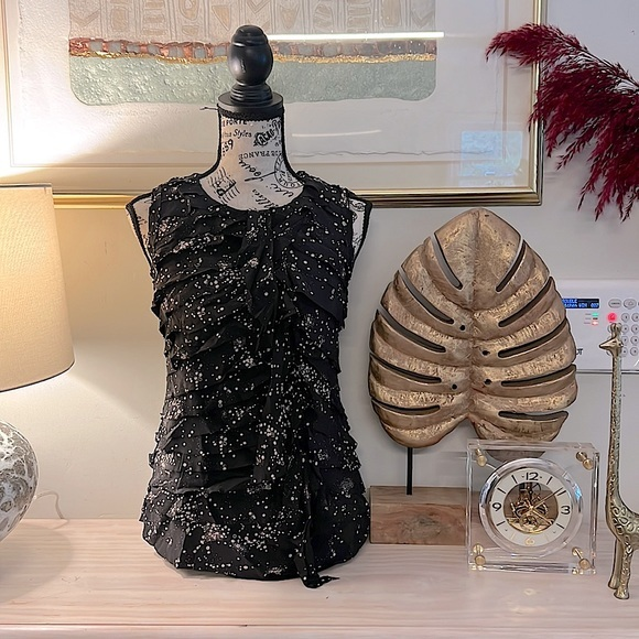 Tory Burch‎ Black space print ruffle silk top - Picture 1 of 6